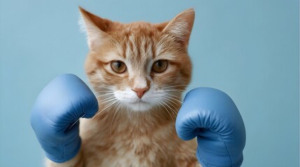 A playful orange cat stands ready in blue boxing gloves against a plain blue background