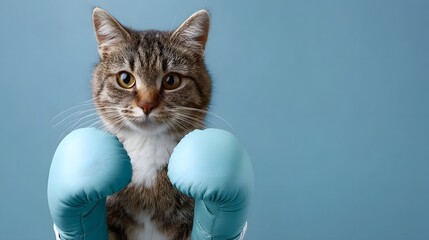 A determined tabby cat wearing blue boxing gloves stands ready in a fighting stance against a solid blue background