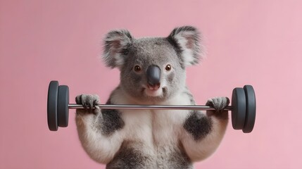 A koala bear performs a bicep curl with a barbell showcasing strength and humor in a bright studio setting