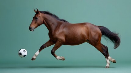 A dynamic brown horse in mid gallop kicks a soccer ball against a clean green studio background