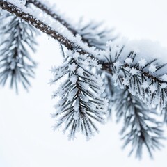 Close Up of Snowy Spruce Branch with Ice Crystals Against White Background