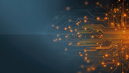 Glowing orange circuit paths over dark blue background