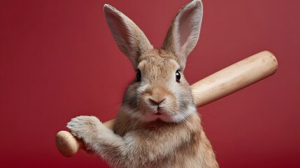 A brown rabbit playfully holds a wooden baseball bat against a solid red studio background
