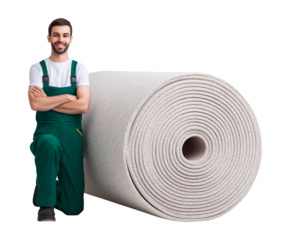 Smiling construction worker kneeling beside a large roll of underlayment.