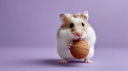 A cute fluffy hamster holds a miniature basketball with its tiny paws in a studio setting against a solid pastel purple background