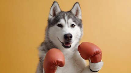 Playful husky dog wearing red boxing gloves stands ready for a fight against an orange background