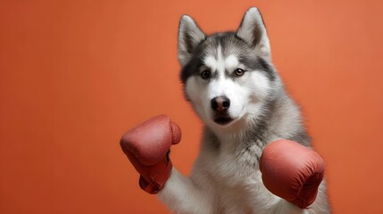 Playful husky dog wearing red boxing gloves striking a fighter s pose against a vibrant orange studio background