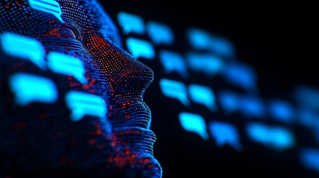 Abstract profile of a human face composed of glowing dots, surrounded by chat bubbles, representing digital communication and artificial intelligence.