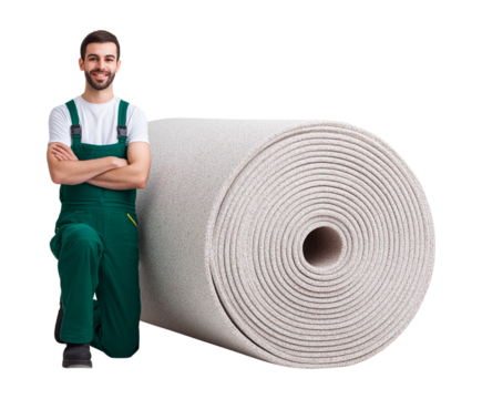 Smiling construction worker kneeling beside a large roll of underlayment.