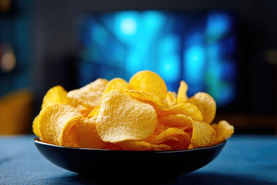 Bowl of chips before a blurred TV with blue background
