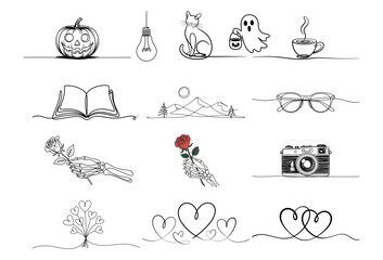 Collection of various oneline drawings featuring halloween, love, and everyday objects includes pumpkin, cat, ghost, book, mountain, glasses, rose, camera, and hearts