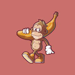 Smiling Monkey Mascot Walking with a Big Banana vector illustration. Mascot, food design concept.