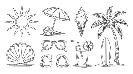 Collection of various oneline drawings featuring summer and beach includes sun, umbrella, shell, ice cream, palm tree, glasses, flip flops, and juice