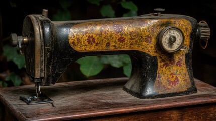 Vintage Sewing Machine with Intricate Floral Design and Antique Finish on Wooden Table Surrounded by Greenery