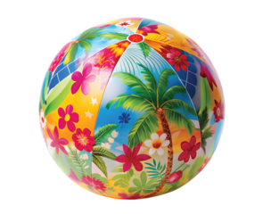 Beach Ball with Tropical Print: Colorful inflated beach ball with tropical patterns, summer fun symbol, PNG format.