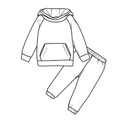 A simple black and white line art illustration depicting a comfortable two-piece outfit for children, featuring a hooded sweatshirt with a front pocket and matching elastic-cuff sweatpants.