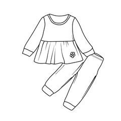 A simple black and white outline illustration of a childs sleepwear outfit. The set includes a long-sleeved top with a ruffled waist and a small flower detail, and matching long pants.