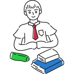 Student With Books And Marker At A Table Wearing A White Shirt And Red Tie Ready To Learn And Study
