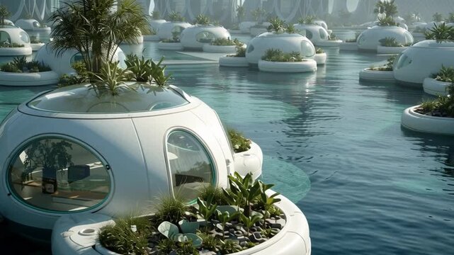 Flood resilient housing, futuristic floating homes designed to withstand rising waters, sustainable architecture innovation.