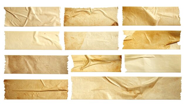 Collection of old, yellowed, wrinkled adhesive tape strips on white