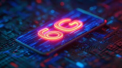 A smartphone displaying a glowing "6G" on a circuit-like background, symbolizing advanced technology and next-generation connectivity.