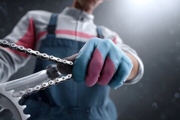 Close up of a gloved hand meticulously working on a bicycle chain and gears