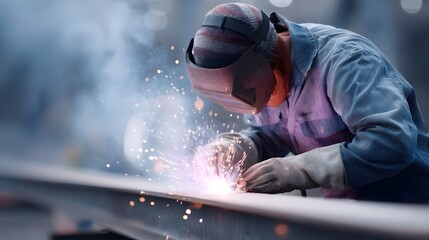 A welder wearing protective gear focuses intensely on a metal beam creating a vivid shower of sparks