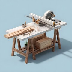 An isometric 3D render of a carpenter s workbench with a table saw wood planks and tools set against a clean blue background