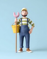 3D cartoon handyman character wearing overalls and a cap holding a plunger and bucket