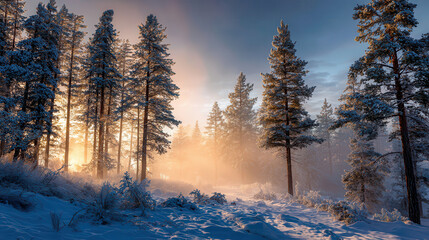 Golden sunrise illuminates snowy pine forest