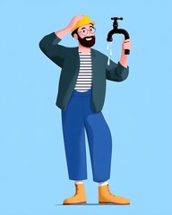 Cartoon plumber with yellow hard hat examines a dripping faucet highlighting a water leak and the need for repair
