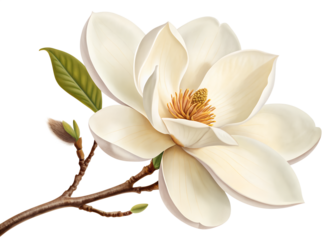 Elegant White Magnolia Flower Bloom with Golden Center and Fresh Green Stem Illustration