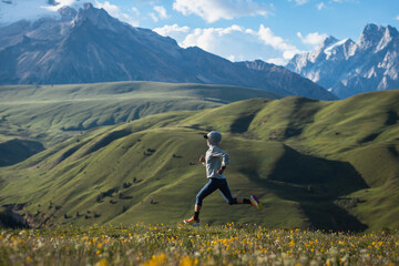 Trail runner running  on the high altitude grassland mountain top
