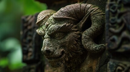 Fototapeta premium Intricate Stone Carving of Mythical Creature with Ram Horns in Lush Greenery