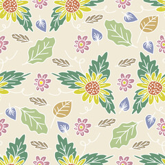 Seamless pattern withsun sun flowers and leaves. Floral background.