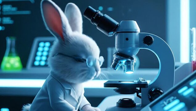 A white rabbit wearing glasses examines a sample through a microscope in a laboratory setting with a blue hue and various scientific equipment in the background.