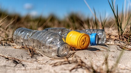 Fototapeta premium Plastic Water Bottles Left on Beach Sand Surrounded by Grass Under Clear Blue Sky on a Sunny Day
