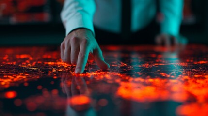 A person points at a glowing map showcasing vibrant red lights, suggesting data visualization or geographic analysis in a high-tech environment.
