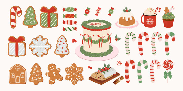 Set of traditional Christmas sweets. Cute hand drawn gingerbread cookies, candy cane, cake, cupcake, Stollen.Vector retro clipart collection for greeting card, poster, holiday decor