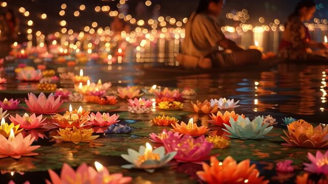 Loy krathong lantern river, glowing lotus lanterns floating gently on river at night, people praying with hope.