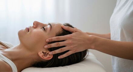 Woman relaxing on massage table receiving head and face massage. Stress relief and wellness treatment for mental health.