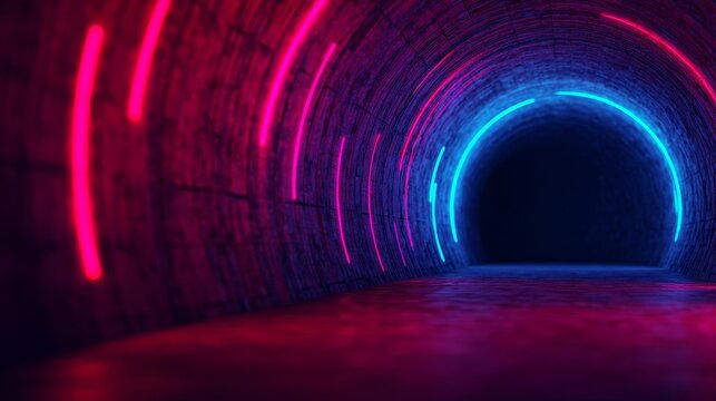 A vibrant tunnel illuminated with pink and blue neon lights, creating a futuristic and immersive atmosphere. - Powered by Adobe