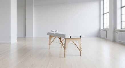 Empty white massage table in spacious bright studio. Health, wellness, and relaxation concept. Interior design for spa, beauty salon.