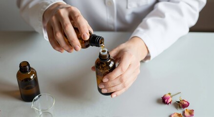 Woman pouring liquid into a dark glass bottle with dried flowers. Cosmetic production or aromatherapy concept for a healthy lifestyle.