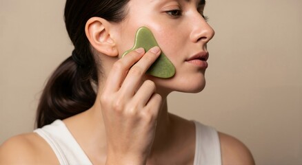 Woman massaging her face with a green gua sha tool. Beauty and wellness. Facial sculpting and lymphatic drainage for healthy skin.