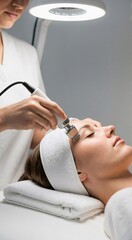 Woman receiving microcurrent therapy. Cosmetologist performing facial treatment. Anti aging and skin rejuvenation concept for beauty salon.