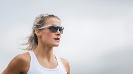 Athletic woman wearing sunglasses is running outdoors, showcasing determination and focus against a soft, cloudy background, embodying a healthy lifestyle and fitness motivation