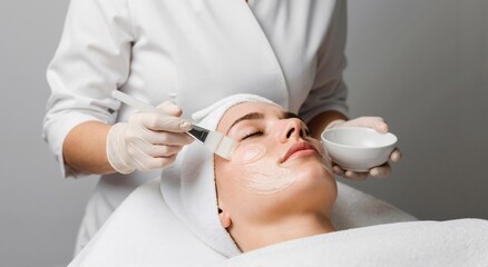 Woman receiving facial treatment from beautician. Cosmetologist applying mask on client face with brush. Skin care and beauty procedure.