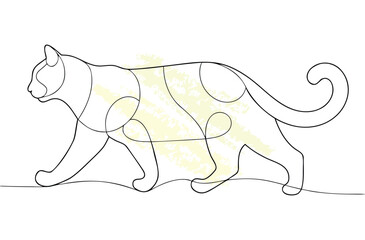 Minimalist single line drawing a walking cat with yellow abstract animal continuous