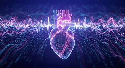 Vibrant Digital Human Heart with Futuristic Electrical Rhythm Waveforms